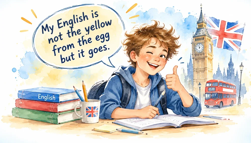 Illustration: Lachender Junge mit Daumen hoch am Schreibtisch, daneben Big Ben und ein Londoner Doppeldeckerbus. Sprechblase: „My English is not the yellow from the egg but it goes.“