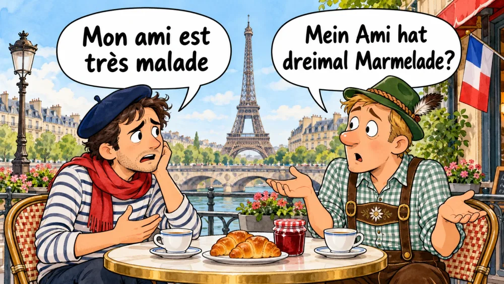 Illustration: Zwei Männer in einem Pariser Straßencafé vor dem Eiffelturm. Der Franzose sagt „Mon ami est très malade“, der Deutsche versteht „Mein Ami hat dreimal Marmelade?“