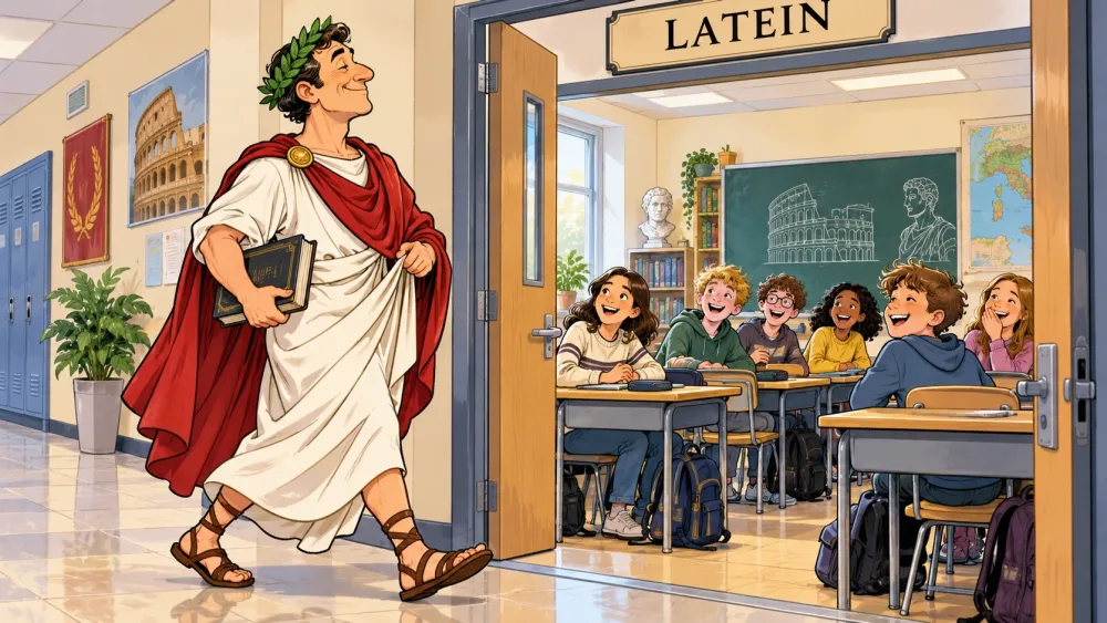 Illustration: Ein Lehrer in römischer Toga mit Lorbeerkranz schreitet lächelnd über den Schulflur an der Tür zum Raum „Latein“ vorbei, drinnen lachen die Schüler.